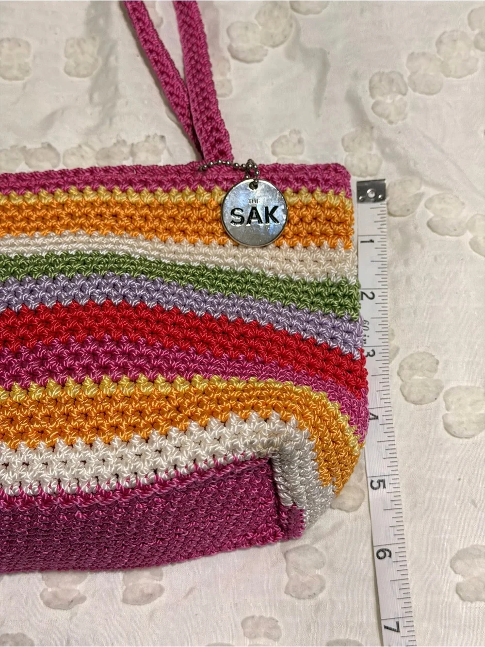 The Sak Small Handbag Knit Crochet Striped Fully Lined Purse Zipper Closure